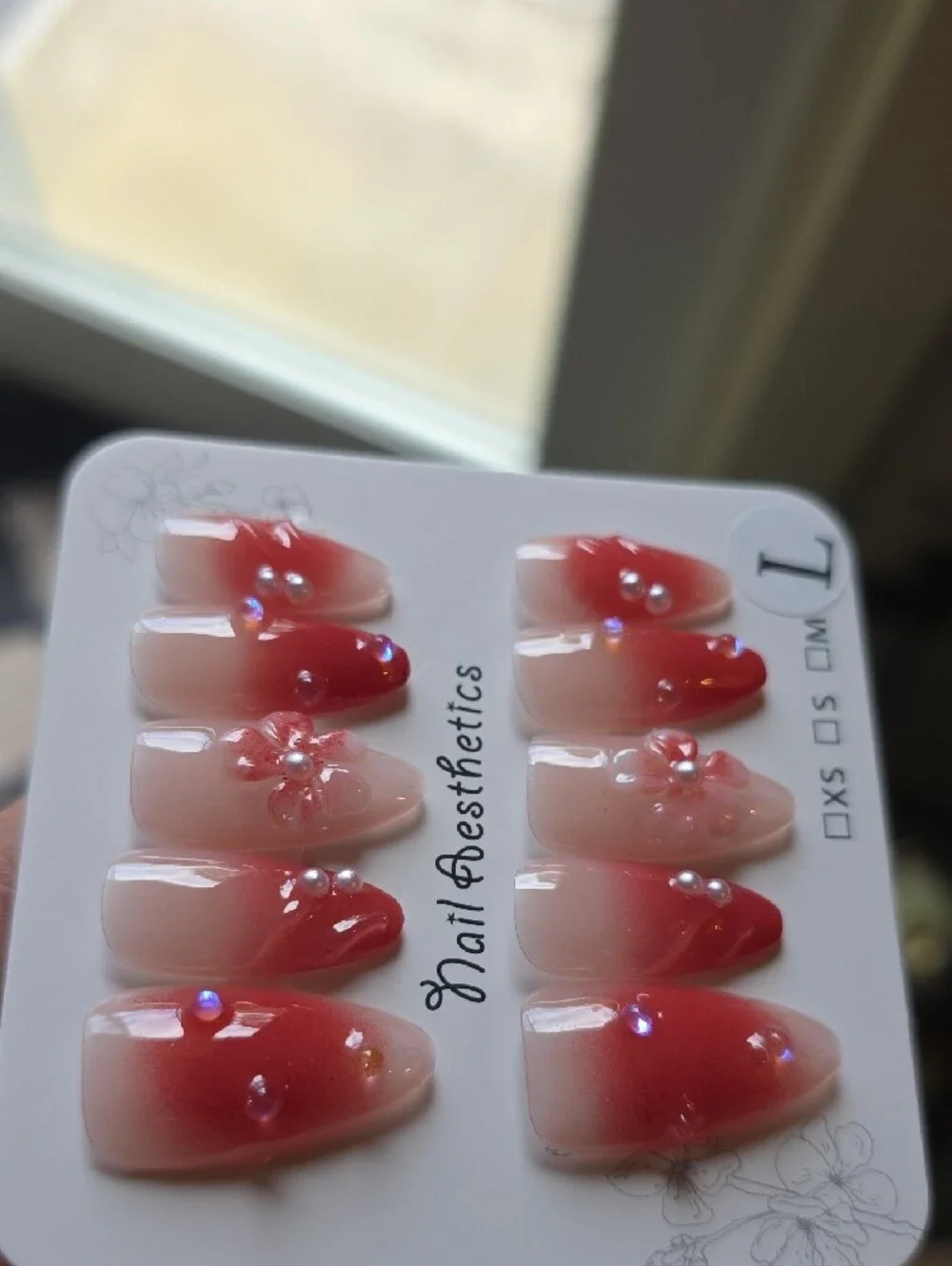 Pink Ombre Press-On Nail Set with Pearls & Floral Accents Size Large